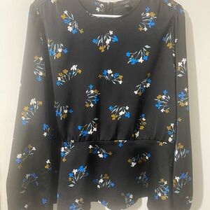 Ann Taylor Factory Black Blouse with Blue and Gold Floral Design